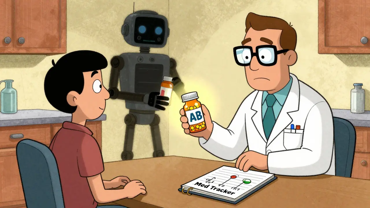 A patient keeping a medication journal as a pharmacist gives them an AB-rated pill, with a robot trying to swap it.