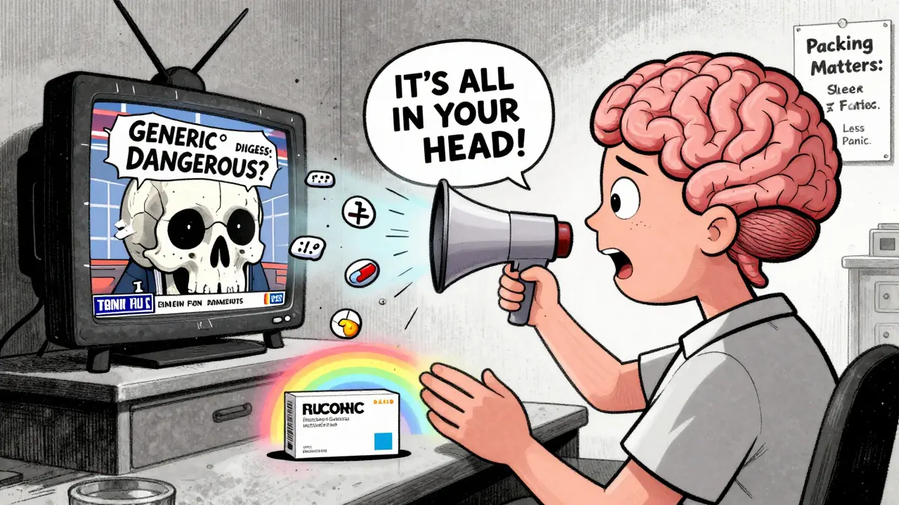 A patient watches their brain scream about generics while a TV broadcasts fear, but new packaging glows with calm.
