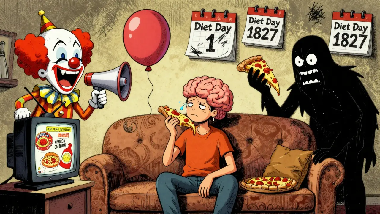 A person overwhelmed by cartoonish hunger hormones and food ads, with a melting calendar showing failed diets.