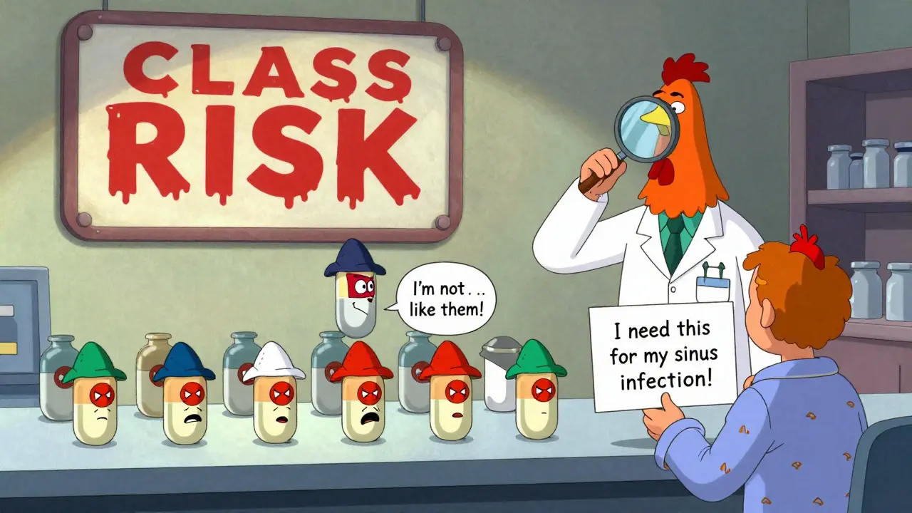 A pharmacist confronts 17 cephalosporin pills — only three have warnings — as a patient begs for the right medication.