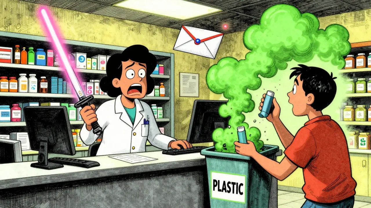 A pharmacist struggling with an exploding inhaler at a pharmacy counter while a mail-back envelope hovers nearby.