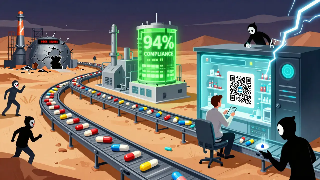 A pill conveyor belt passes through contrasting factories in desert landscape, ending at a pharmacy with holographic traceability.
