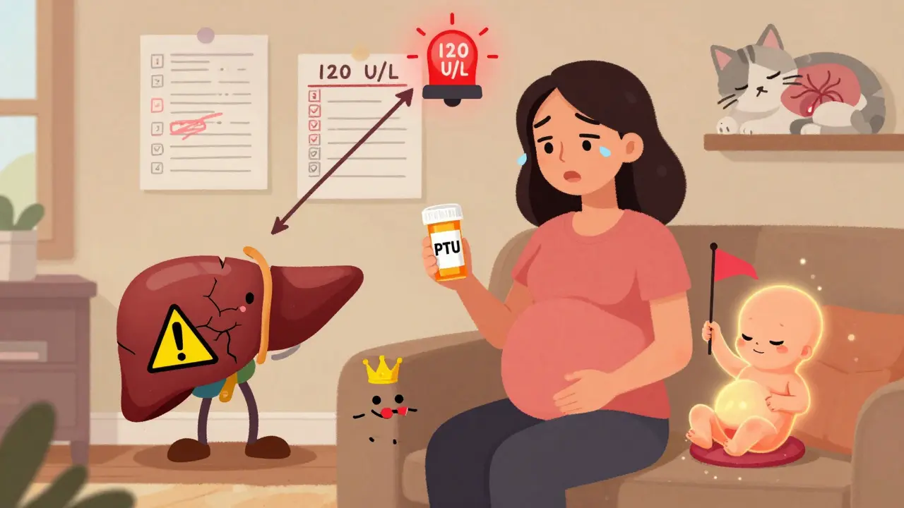 A pregnant woman holding a PTU pill while a nervous cartoon liver sweats beside her, with medical test results floating in the background.
