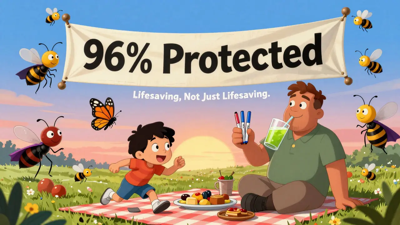 A relaxed family picnic with harmless bees and a giant '96% Protected' shield banner in the sky.