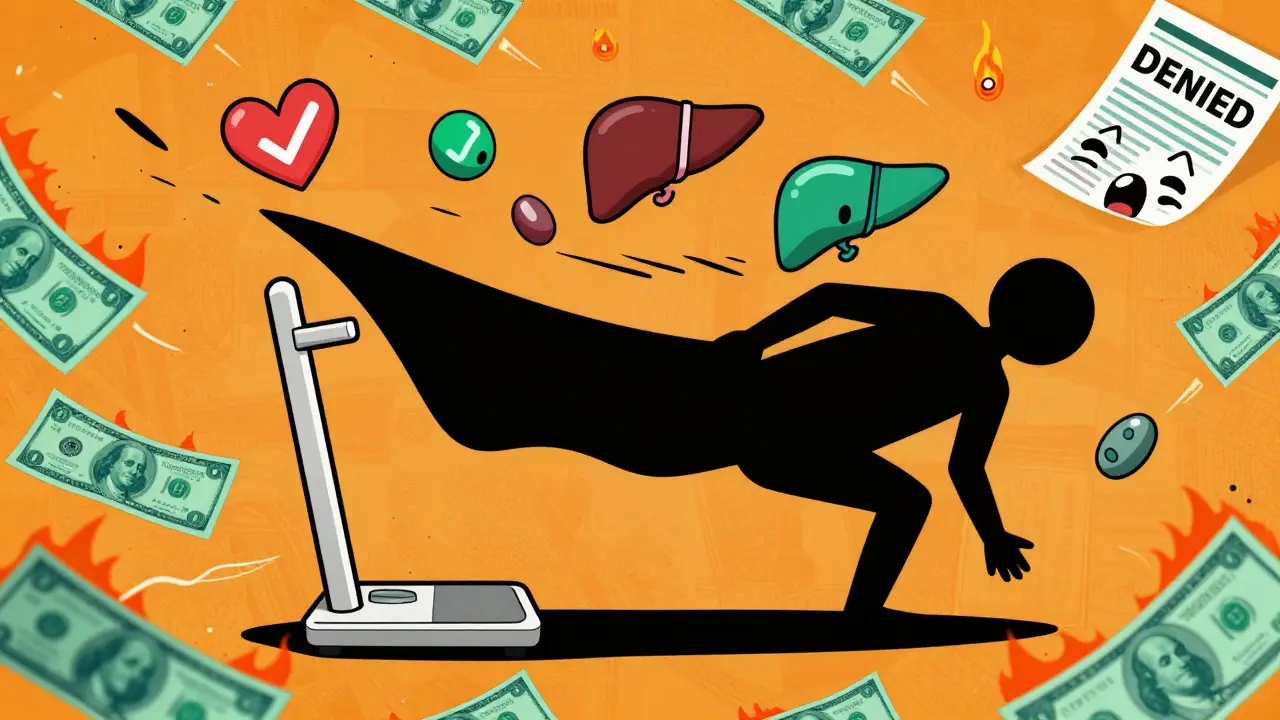 A shrinking person chased by medical icons like a healthy heart and a frowny gallstone, while money burns in the background.