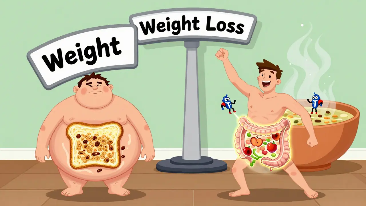 A split-body character showing bloated insoluble fiber side versus energetic soluble fiber side with hormonal heroes inside.