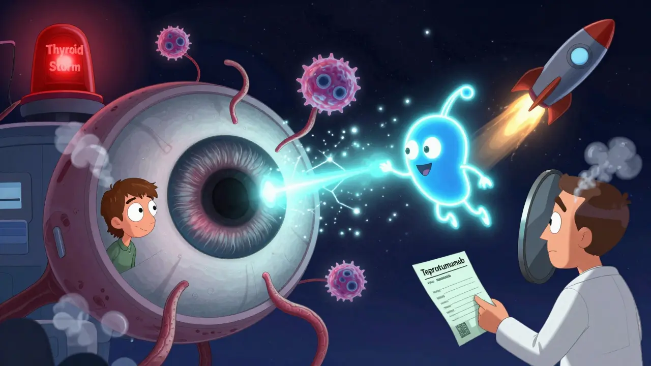 A surreal battle inside an eyeball where a drug molecule fights immune cells, with a smoking patient staring at their reflection.
