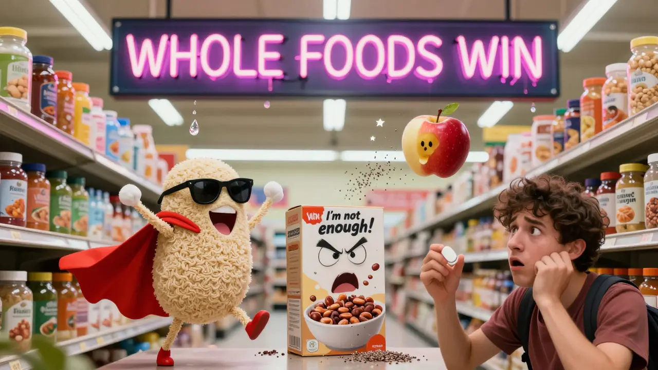 A surreal grocery aisle with animated fiber products, a superhero apple, and a confused shopper holding a pill.