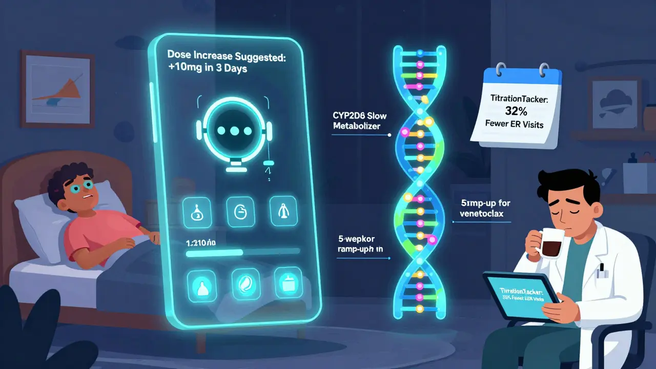 AI app interface showing symptom tracking and genetic markers, with a 5-week medication ramp-up calendar in the background.