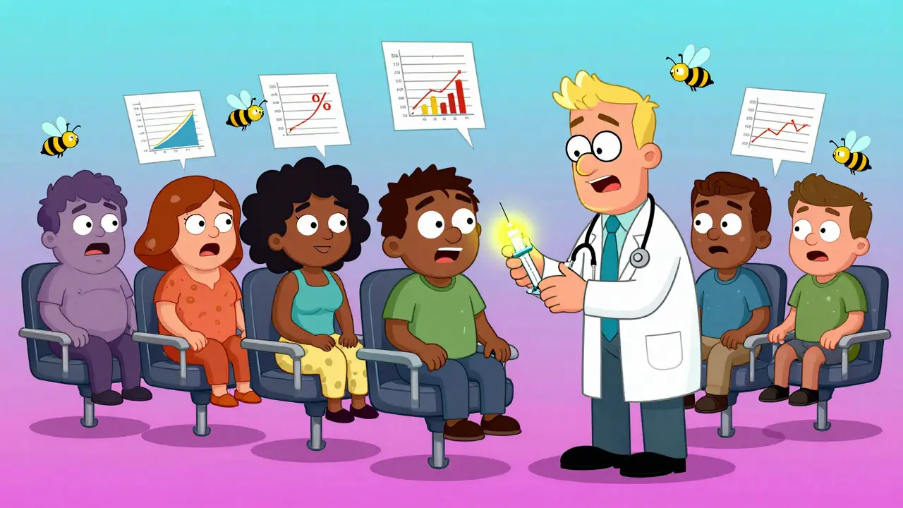 An allergist gives glowing venom shots to patients transforming from anxious to calm, with respectful insects in the background.