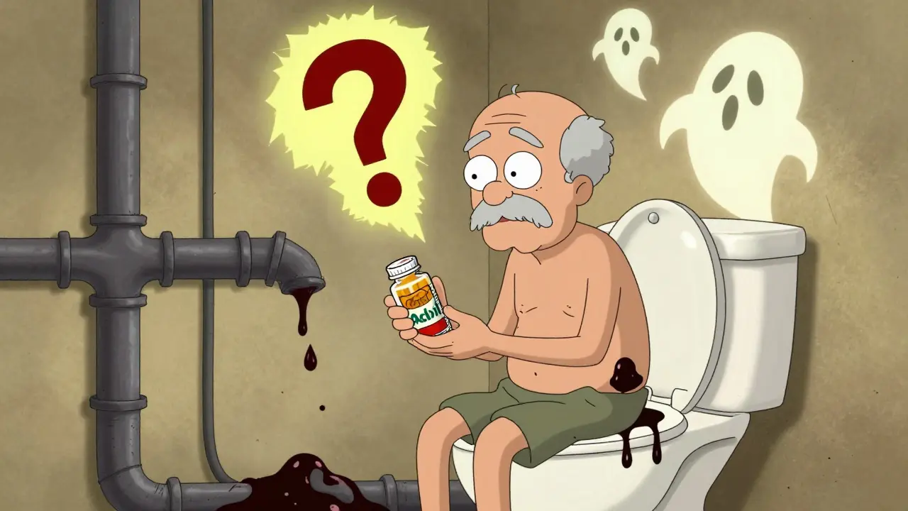 An elderly person with body leaking black stools, surrounded by anemia ghosts and a giant question mark.