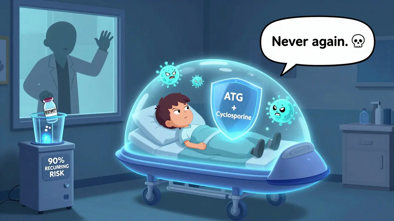 Bone marrow transplant spaceship repelling angry immune cells with medical shield.