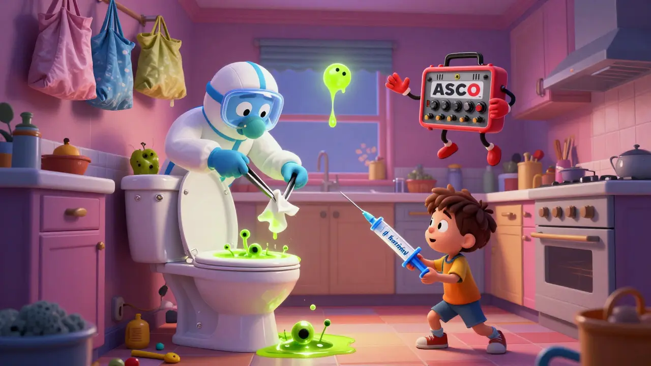 Caregiver in hazmat suit cleaning toxic urine from toilet while child plays with syringe, ASCO toolkit floating nearby.