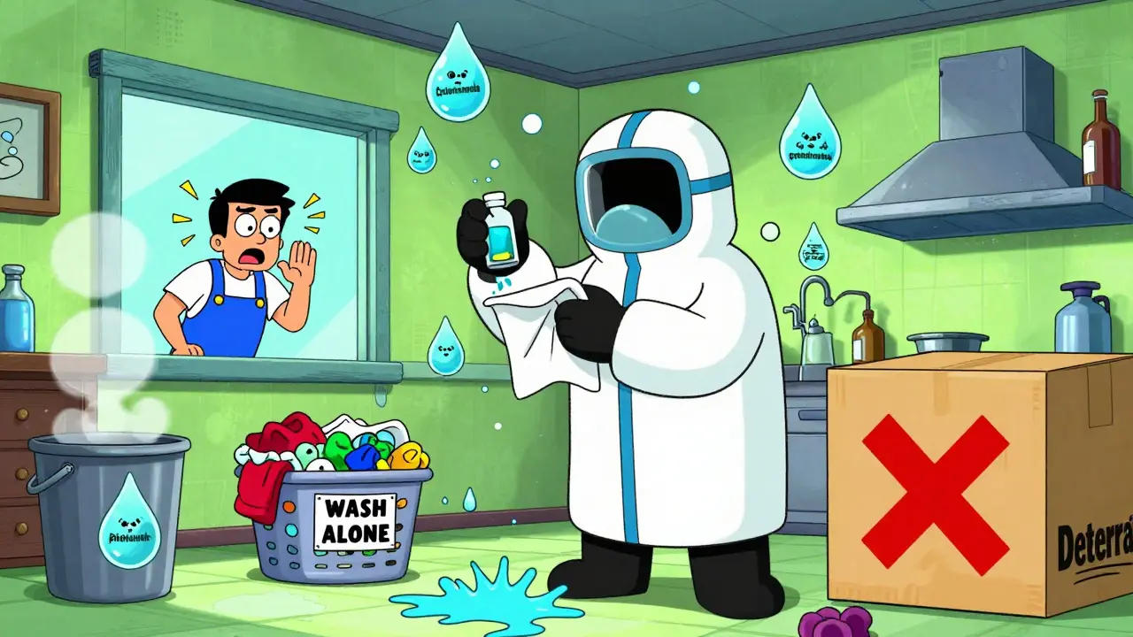 Chaotic kitchen cleanup of chemo spill with floating toxic droplets, contaminated laundry, and Deterra box with X mark.