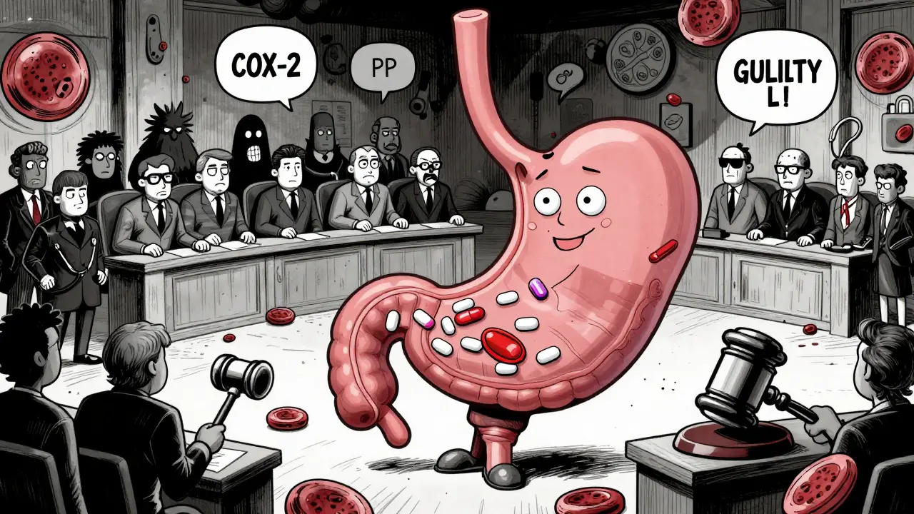 Courtroom inside a gut where COX-2 inhibitor and PPI defend stomach lining from NSAID villains.