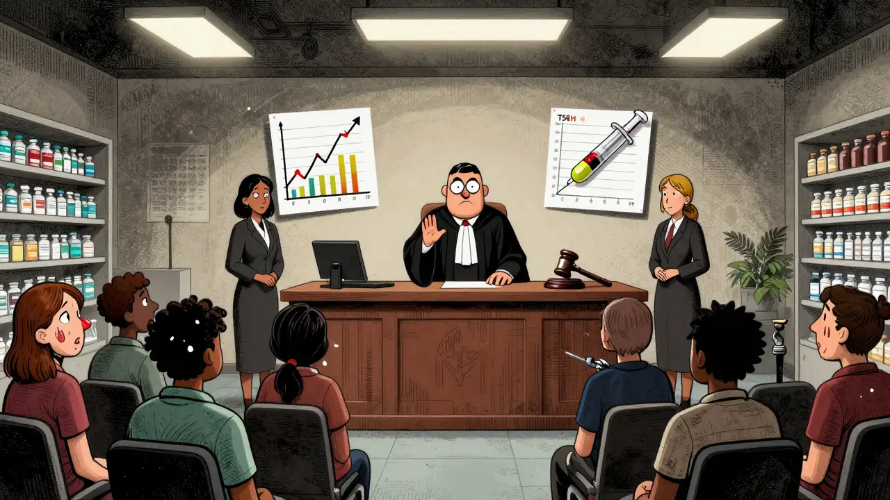 Courtroom scene inside a pharmacy where levothyroxine pill is on trial with other drugs as witnesses.