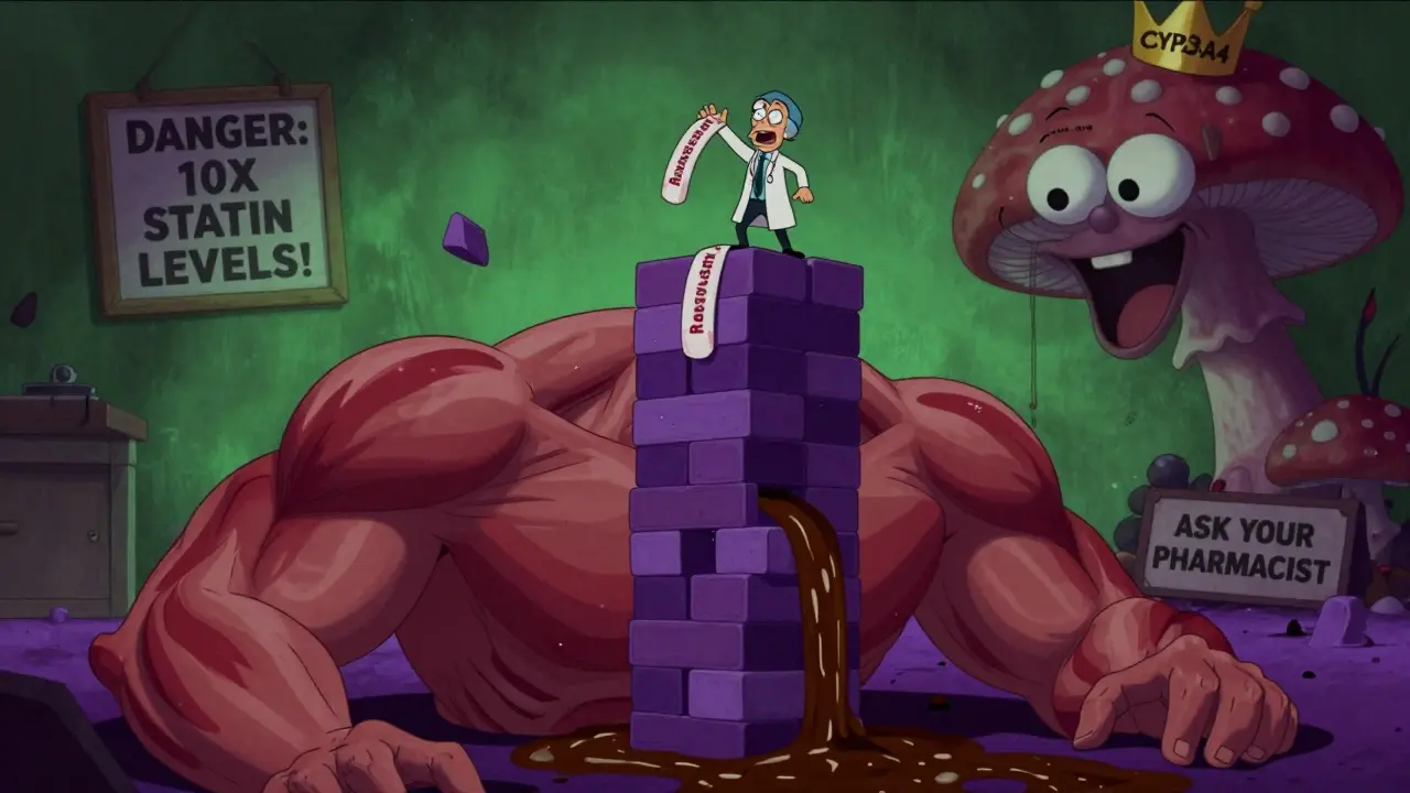 Crumbling muscle blocks pour dark urine while a fungal villain laughs, warning of dangerous drug interaction.