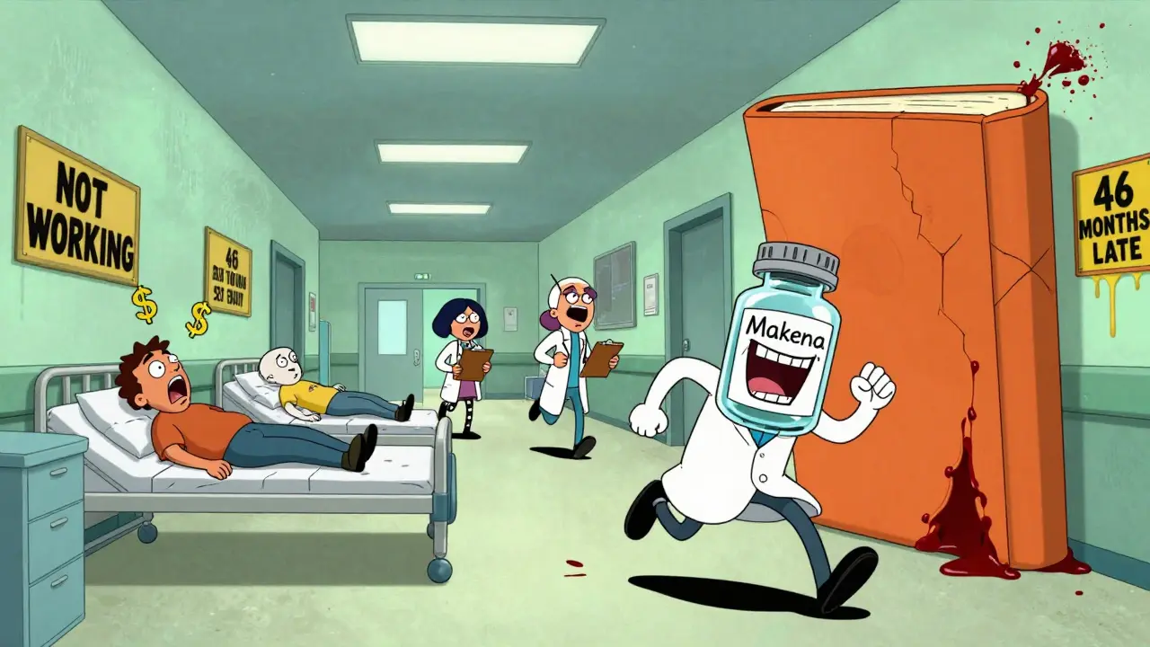 Doctors chase a laughing drug vial through a hospital hallway as warning signs bleed on the walls.