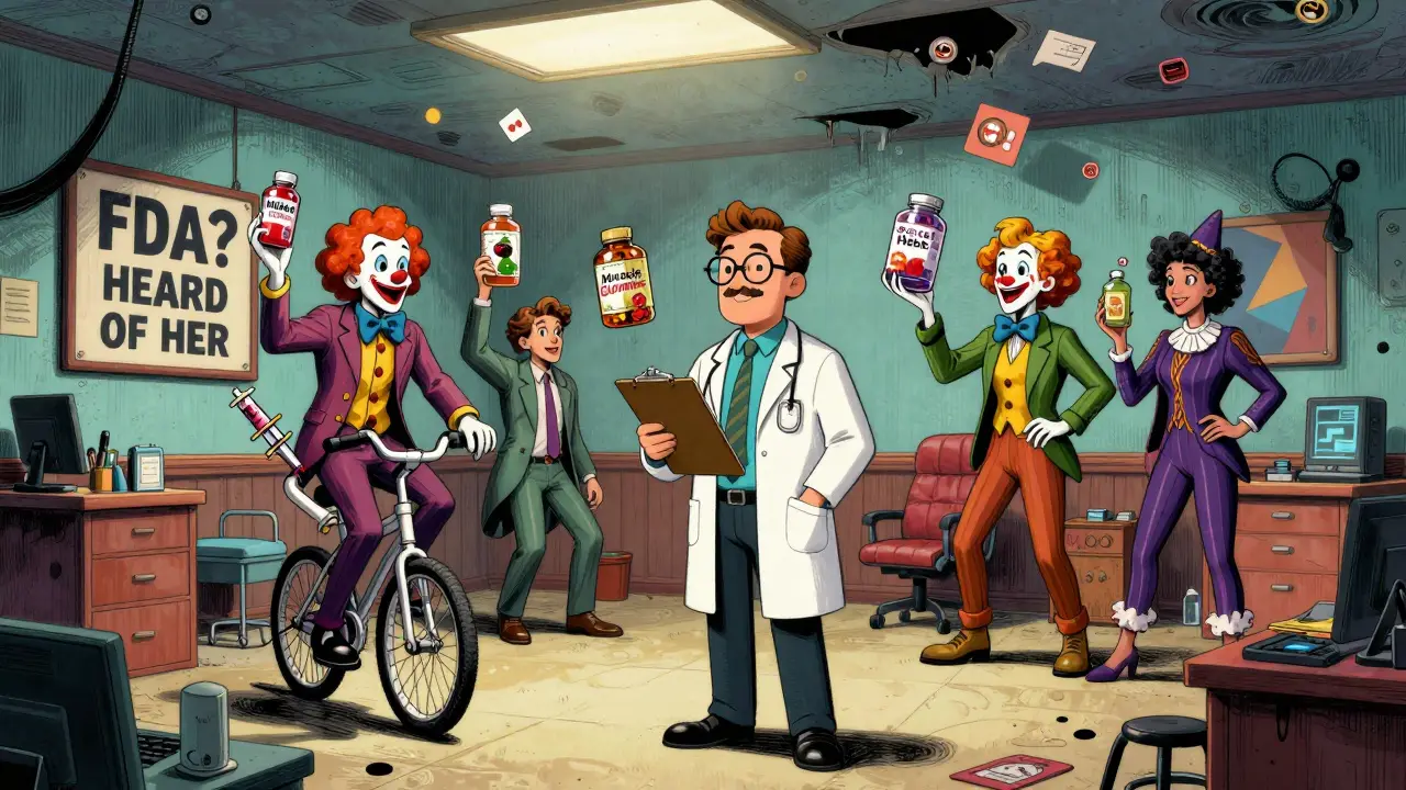 Licensed doctor calm amid chaotic influencers juggling fake supplements in a surreal office