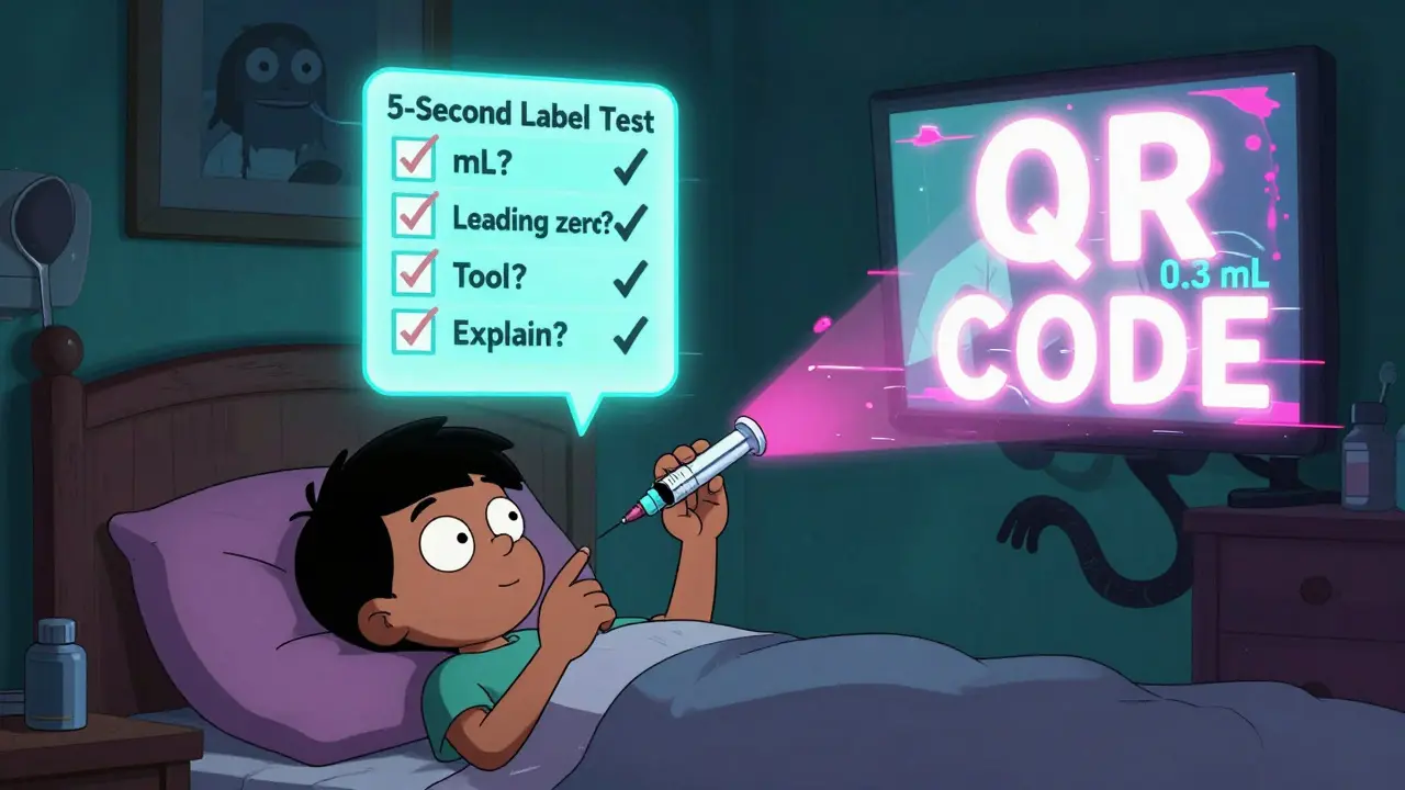 Parent measuring 0.3 mL with syringe as a glowing checklist and QR code banish a spoon monster.