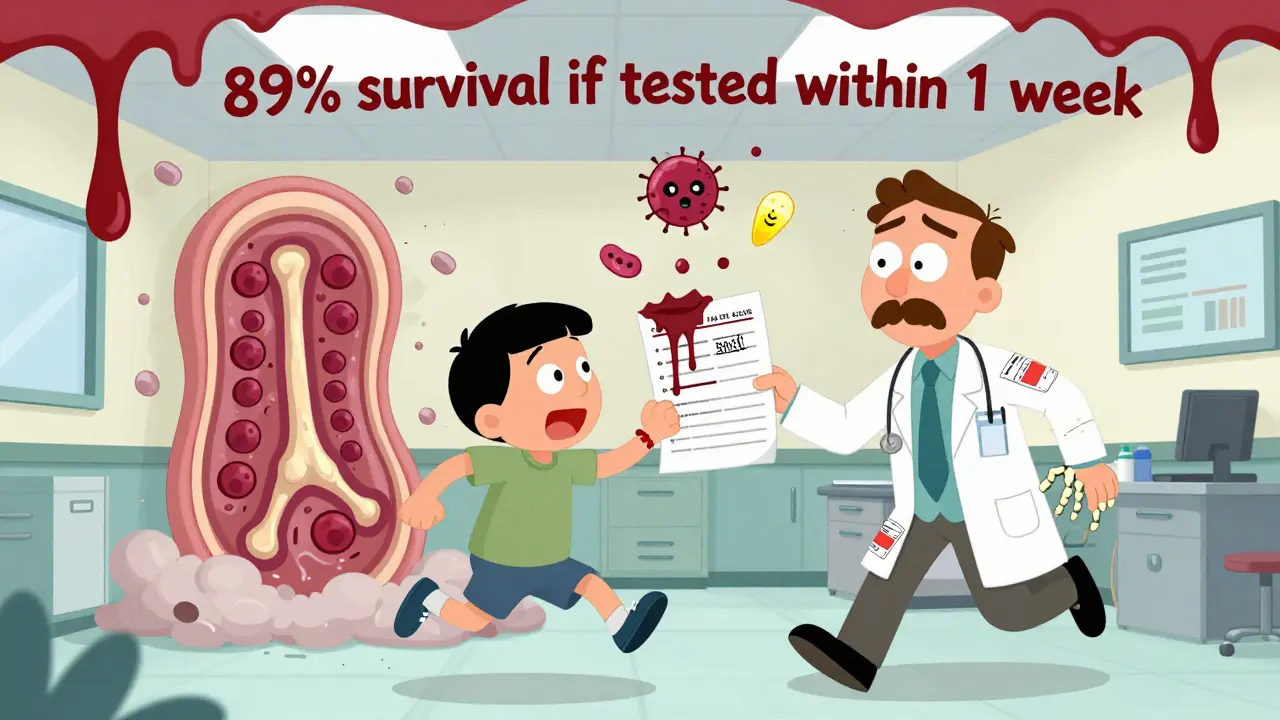 Patient rushing with melting blood test as bone marrow collapses and vital cells fade away.