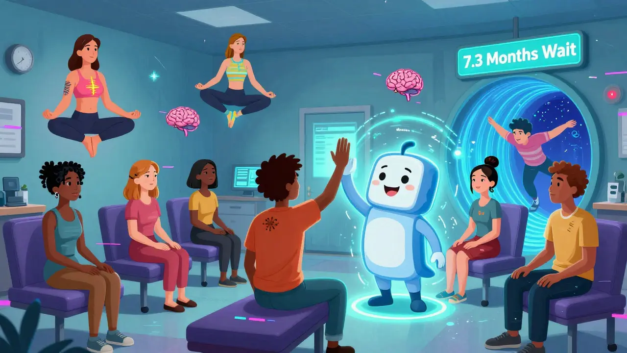 People in a surreal pain clinic surrounded by therapy apps, yoga, and glowing digital portals.