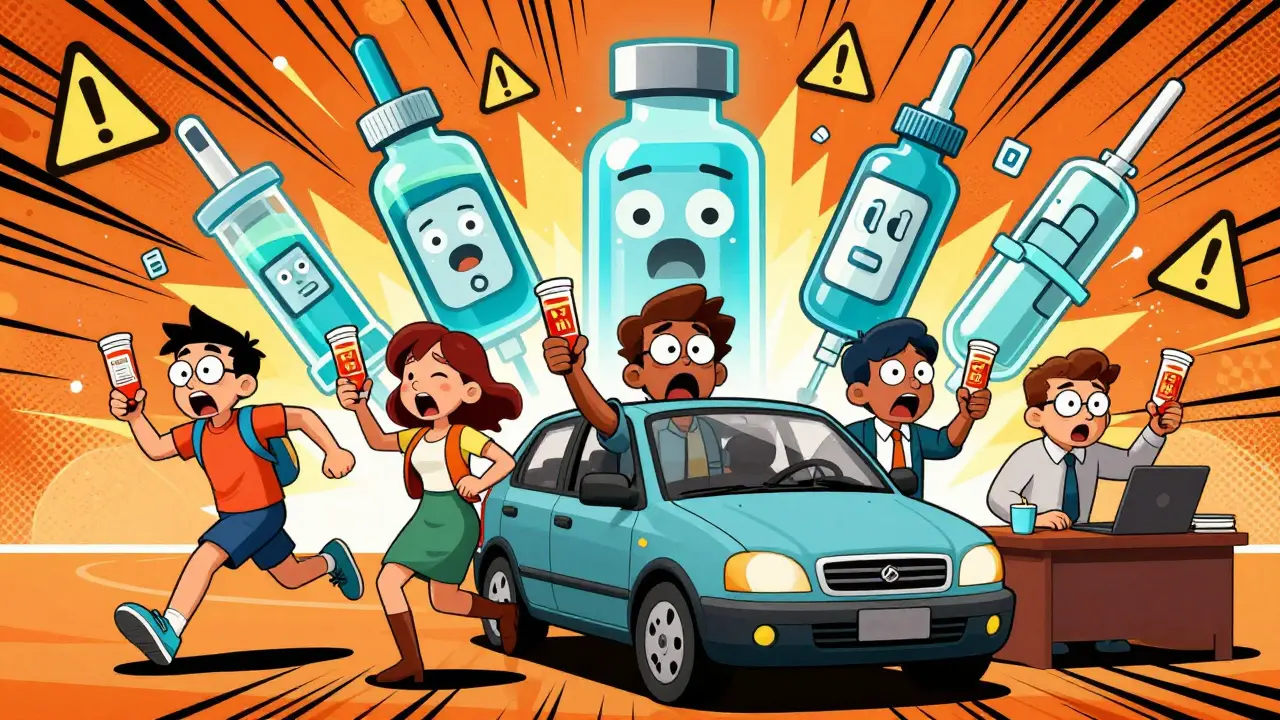 People in daily scenes holding glucose gel like weapons, with giant medical gadgets floating around them in chaotic style.