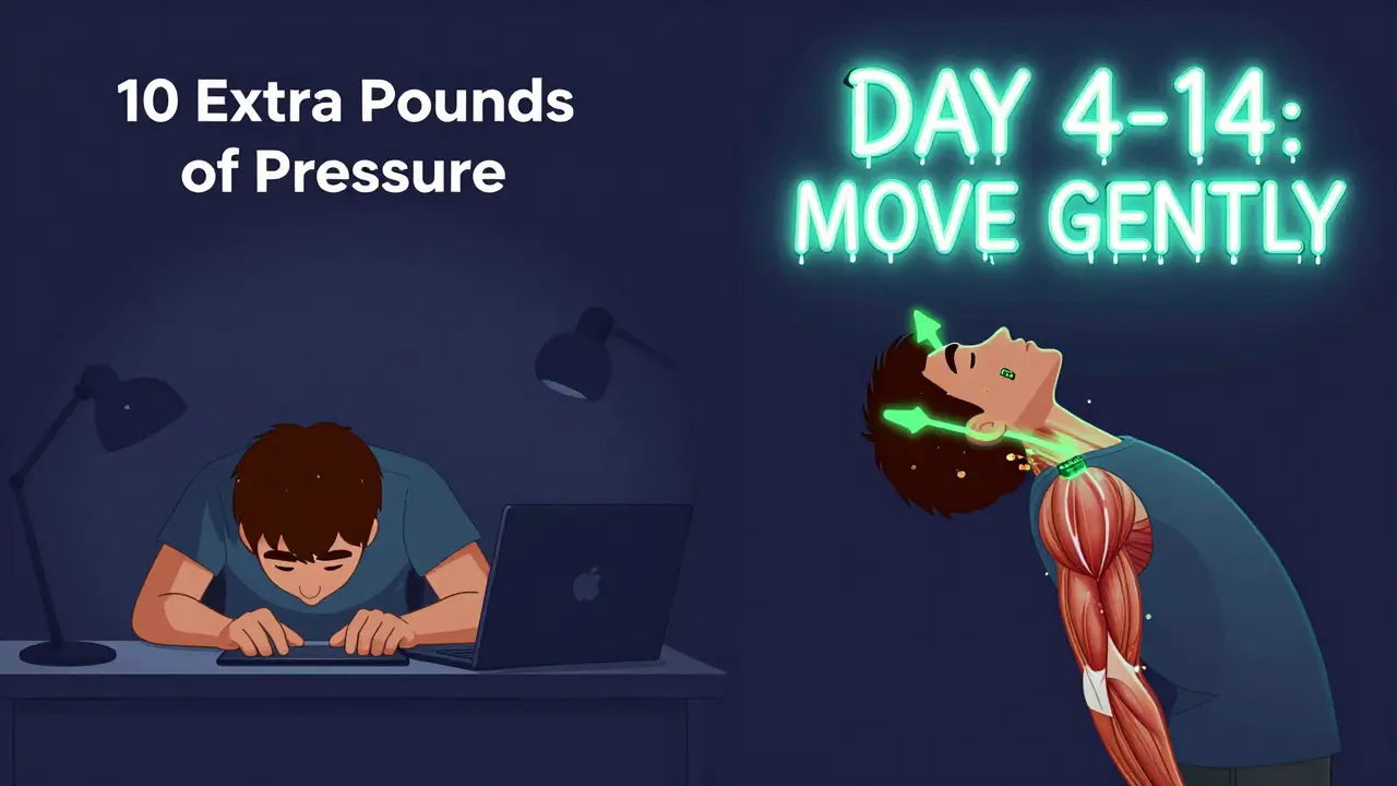 Person correcting forward head posture with glowing chin tuck exercise