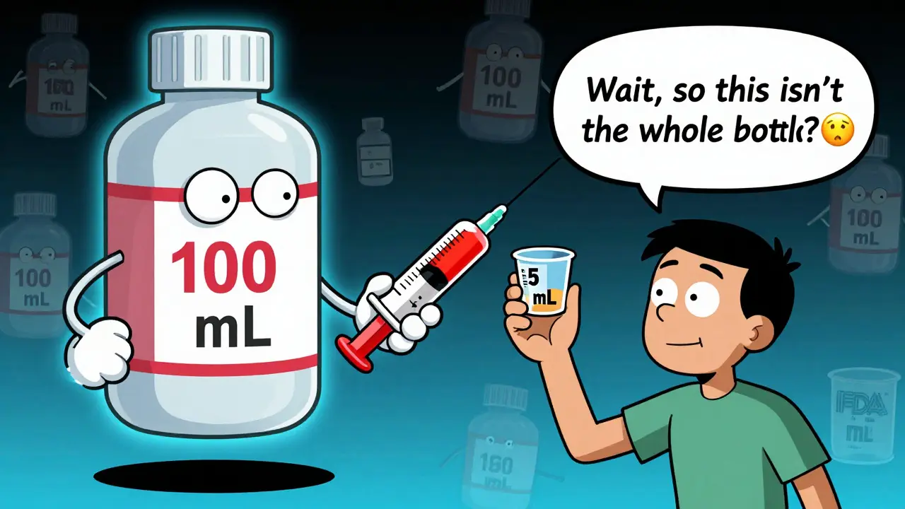 Pharmacist handing parent a red oral syringe as a huge '100 mL' bottle floats nearby.