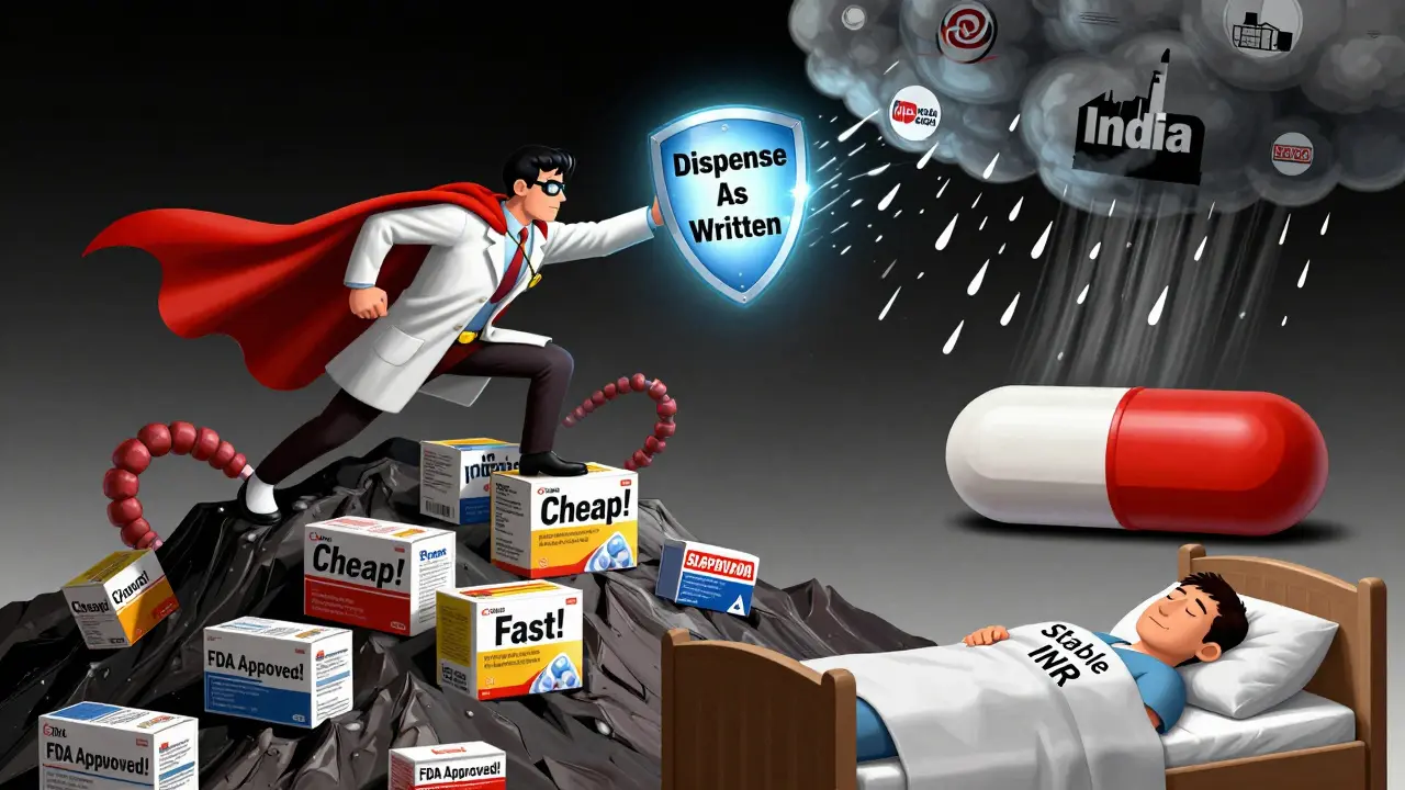 Pharmacist superhero standing on pile of generic drug boxes, shielding patient from corporate rain of failures.