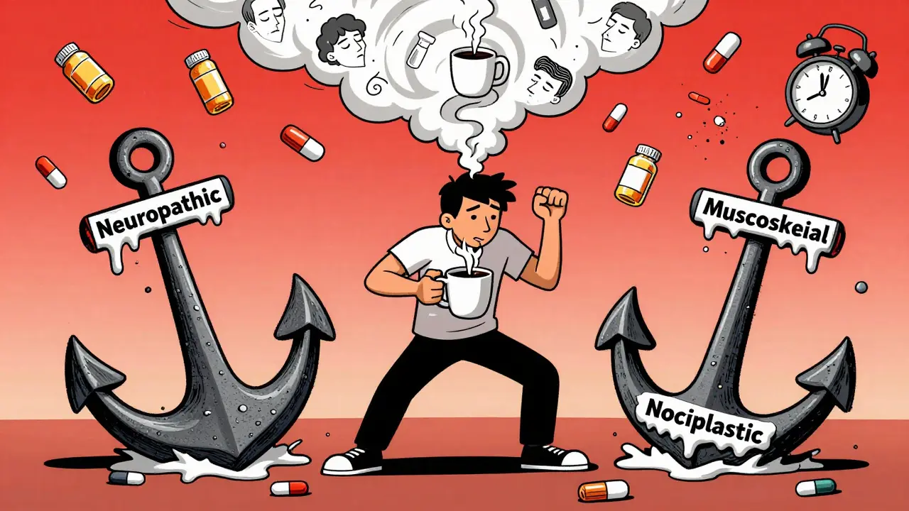 Someone trying to make coffee while their body is dragged down by labeled pain anchors.