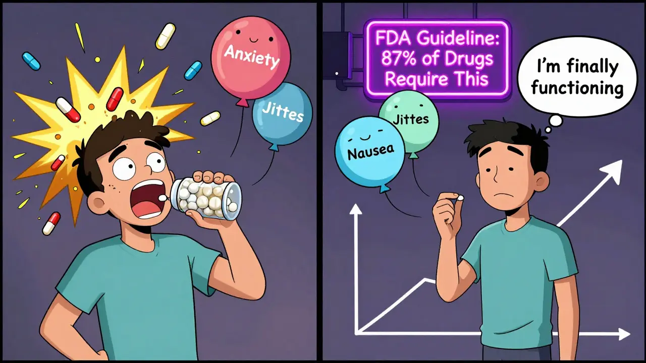 Split scene: chaotic side effects from full dose vs calm progress with tiny doses and deflating symptom balloons.