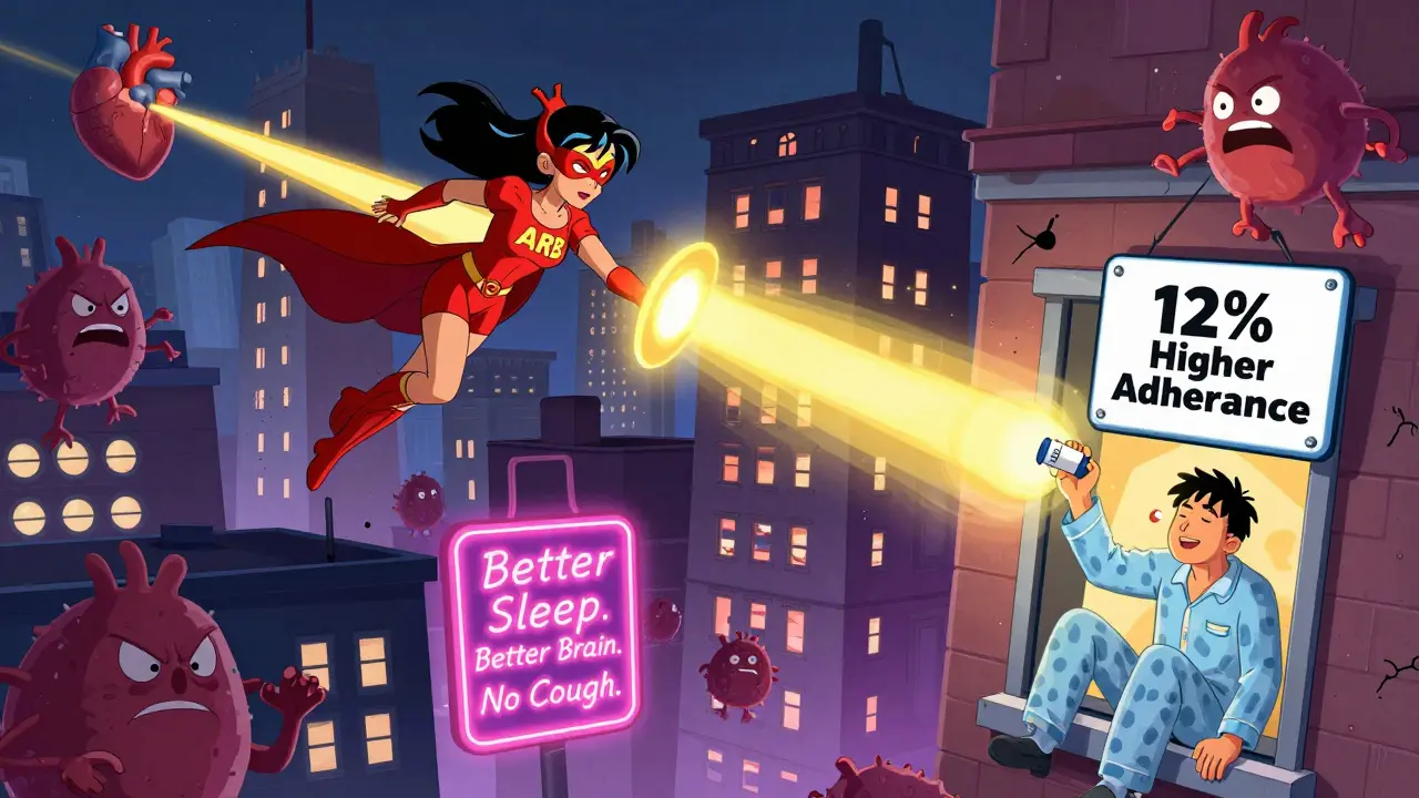 Superheroine ARB Woman protecting organs from angiotensin II monsters, patient throwing away ACE pill, neon signs glowing.