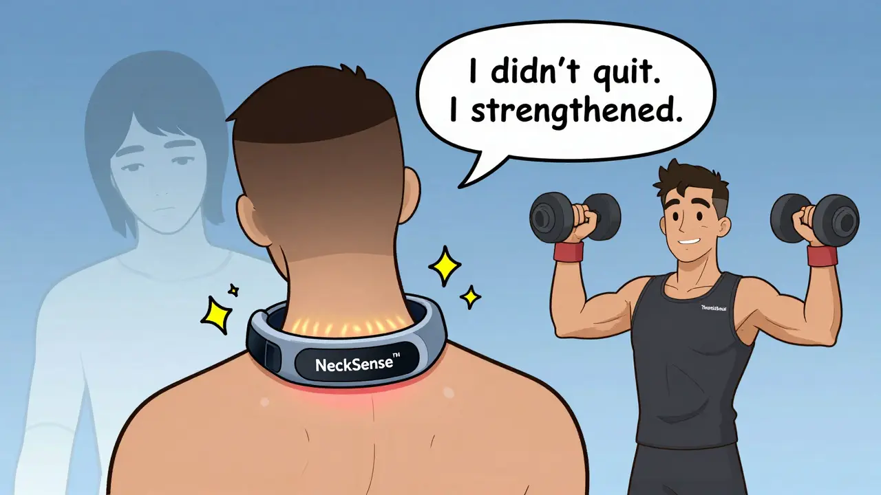 Wearable device vibrating to correct slouch, with before-and-after posture ghost images