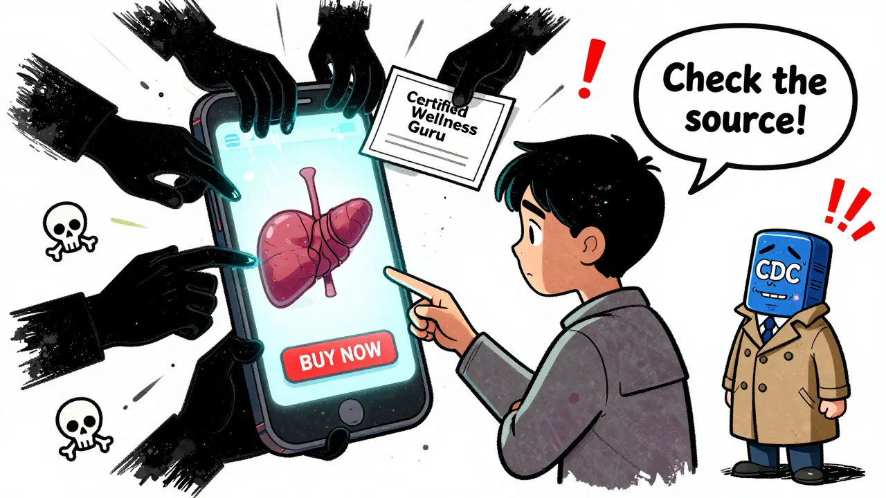 Young person about to click 'BUY NOW' as ghostly hands pull organs, CDC mascot whispers warning