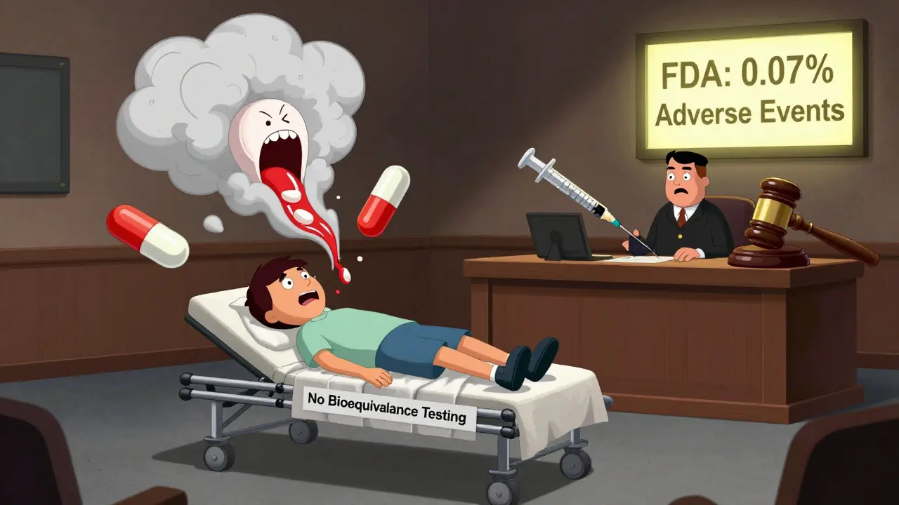 A chaotic courtroom with exploding and calm pills, overseen by an FDA symbol and syringe gavel.