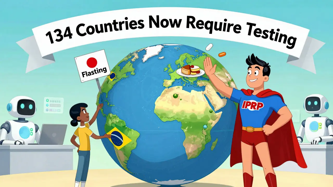 A globe under chaotic testing rules from different countries, being unified by a superhero figure.