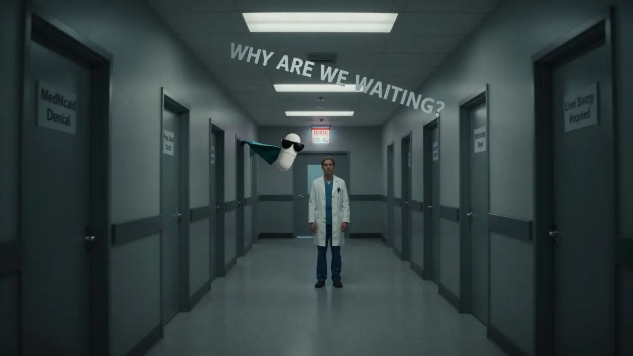 A healthcare worker stands before doors labeled with treatment barriers, while a heroic pill flies toward an exit marked 'TREATMENT FOR ALL'.