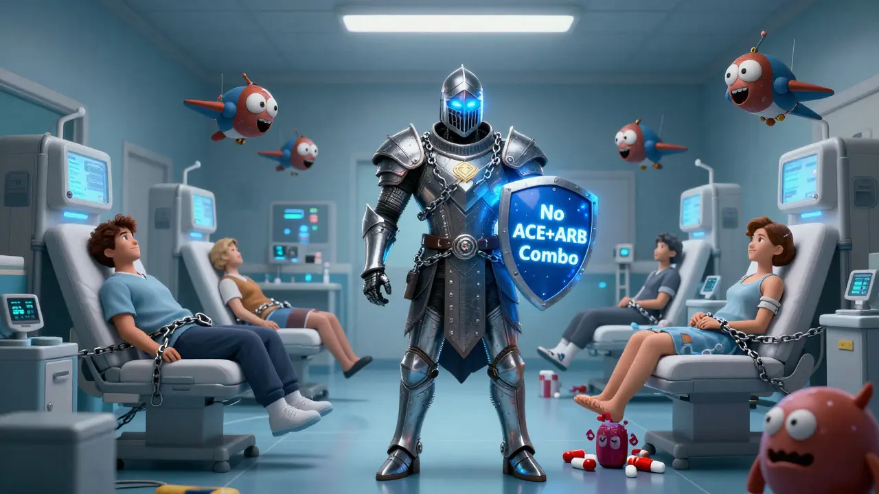 A knight blocking dialysis machines while crushing harmful drugs in a dystopian kidney hospital.