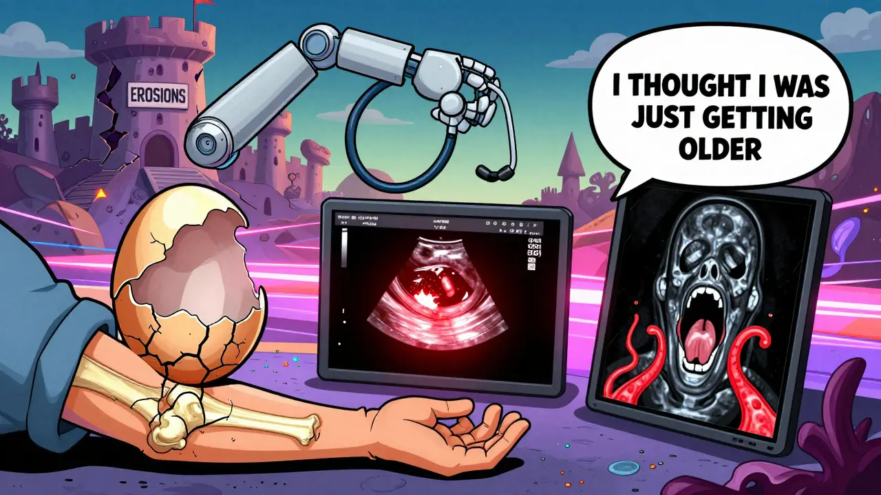 A patient's arm shows three medical imaging types: X-ray, ultrasound, and MRI, with surreal joint damage.