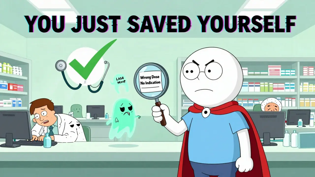 A person in a cape using a magnifying glass to reveal hidden errors on a pharmacy label, with cartoonish typo demons floating nearby.