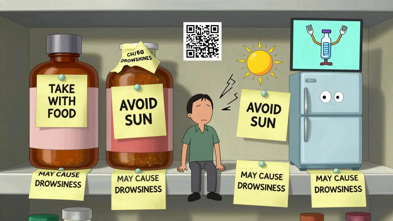 A single medication bottle overwhelmed by eight chaotic, screaming labels in a cartoon pharmacy setting.