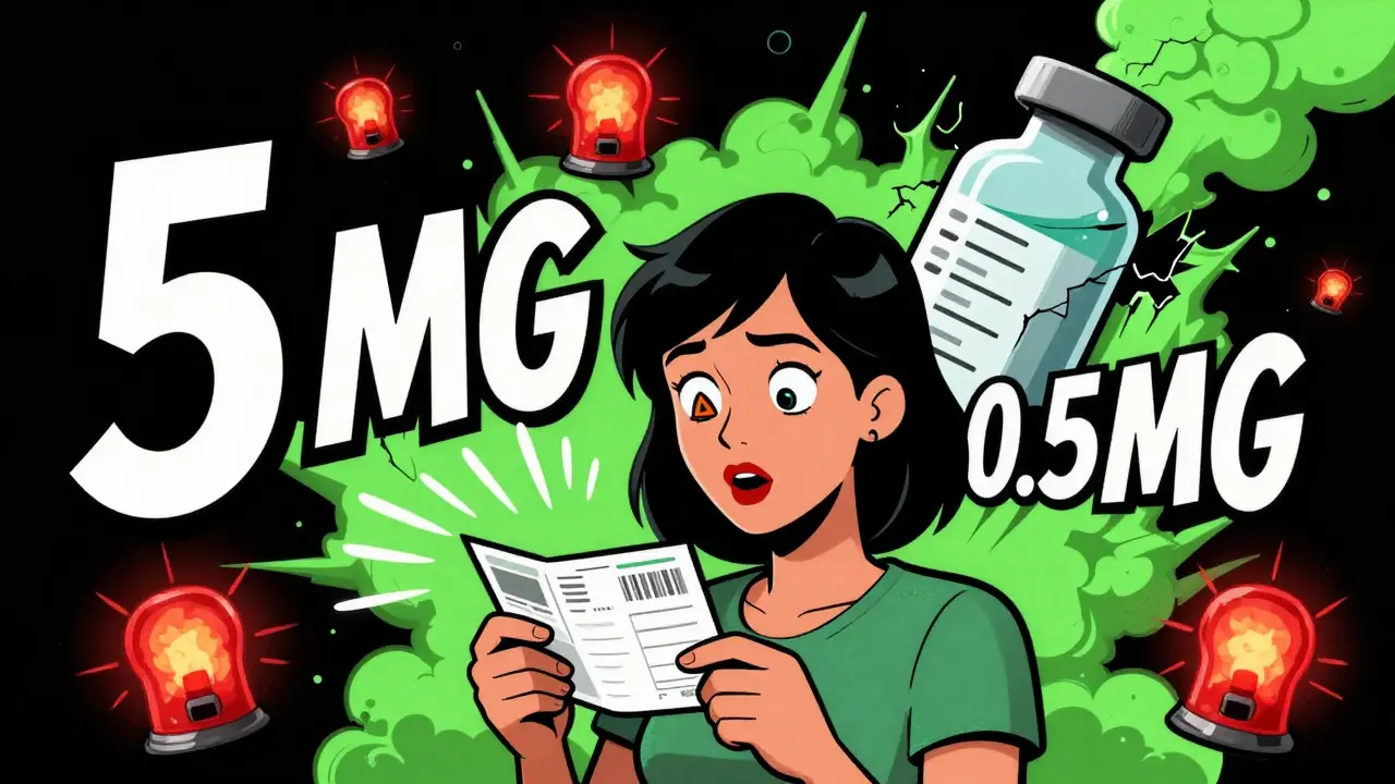 A woman reading her prescription aloud as giant conflicting dosage numbers float around her with alarm sirens and a looming insulin vial.