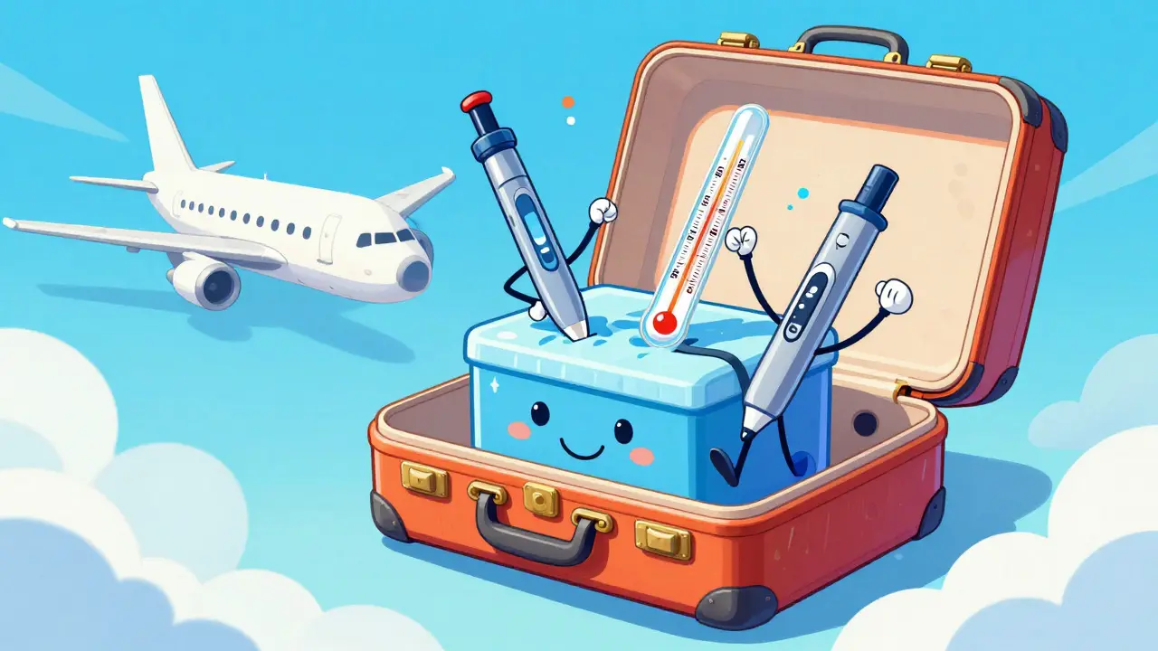 Anthropomorphized insulin pens carrying cooling pack in floating suitcase.