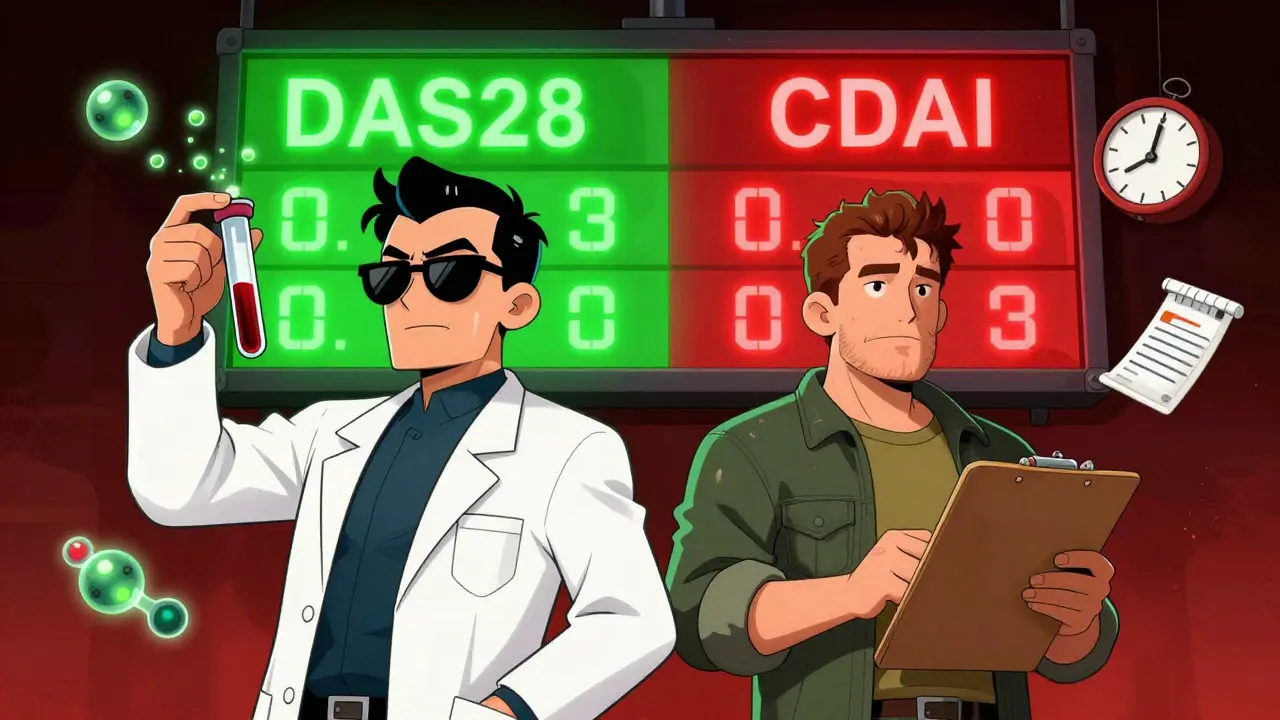 DAS28 and CDAI depicted as rival characters in a cartoon battle over inflammation data.