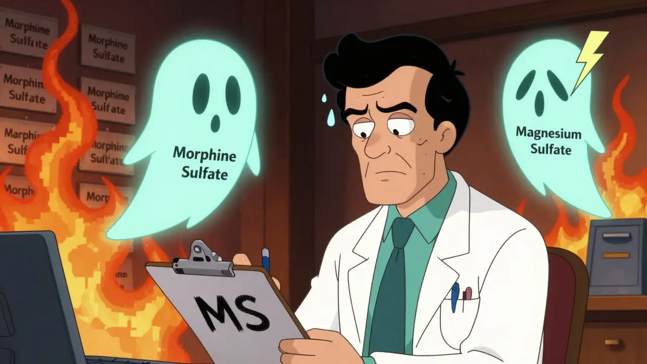 Doctor writes 'MS' while ghostly versions of morphine and magnesium sulfate argue above him.