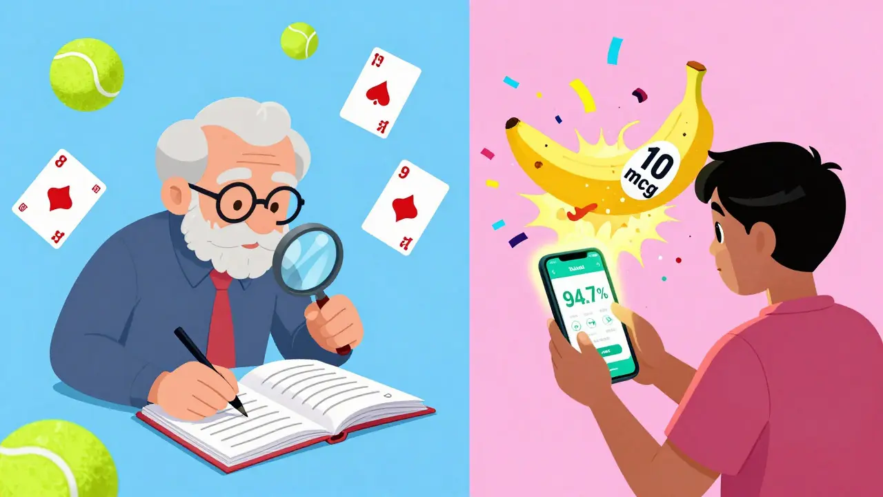 Elderly man using paper diary alongside young person scanning food with accurate app, portion guides and exploding banana.