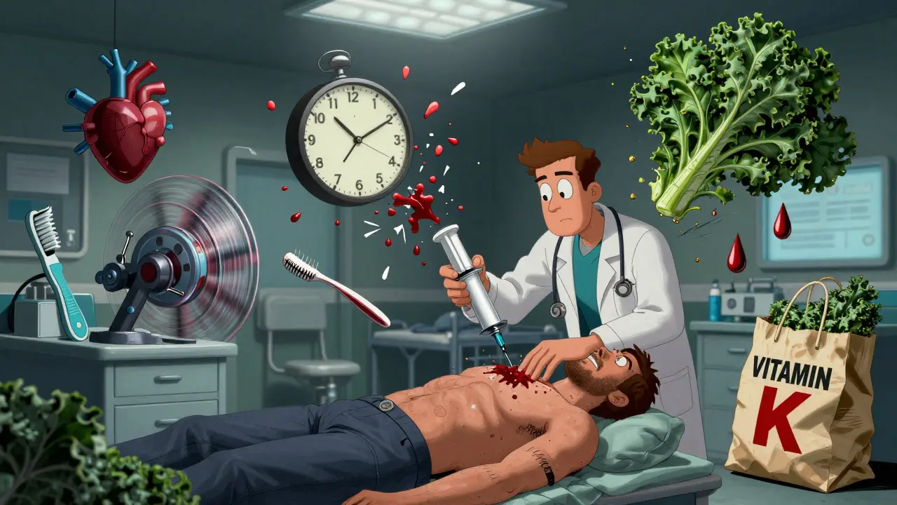 ER scene with doctor administering vitamin K as a clock shatters, surrounded by surreal medical symbols and floating objects.
