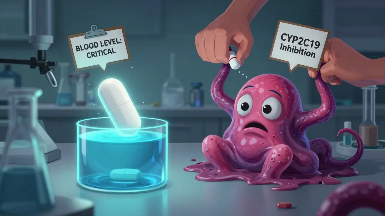 Fluconazole pill floating safely as voriconazole pill swells under liver enzyme inhibition from PPI tentacles.