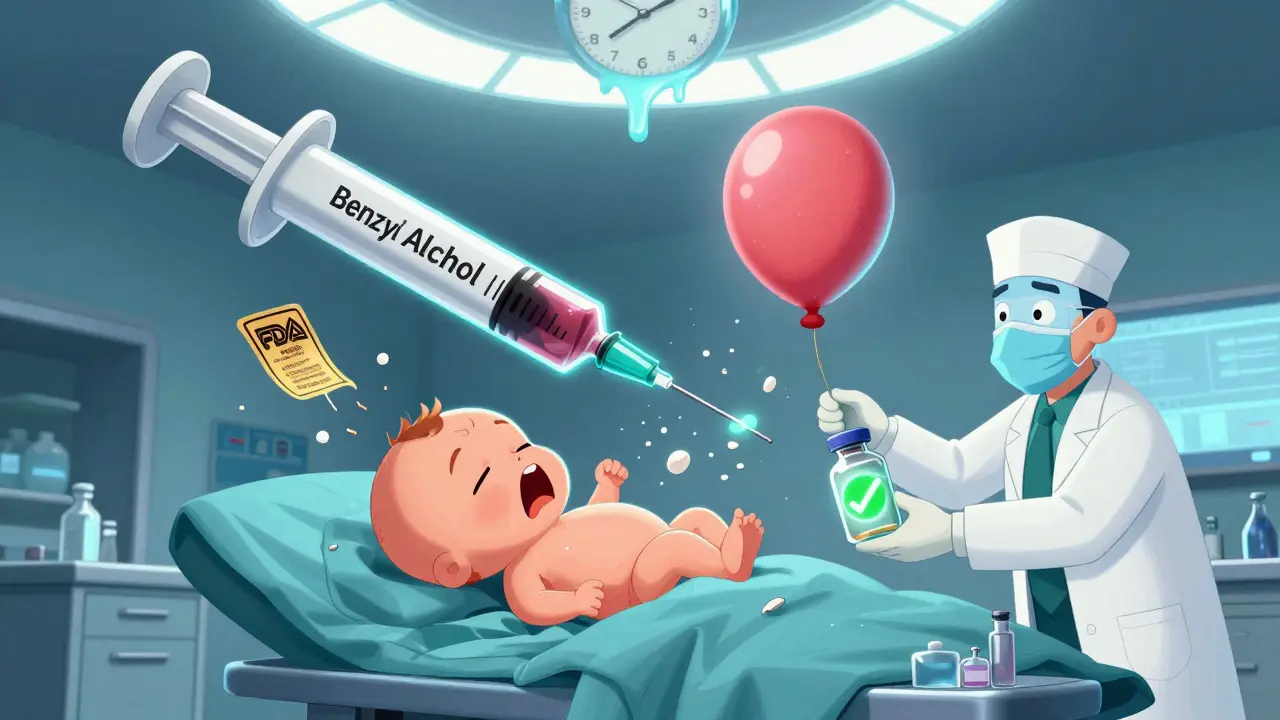 Giant syringe injecting benzyl alcohol into a preemie, organs failing, pharmacist trying to replace it with safe alternative.